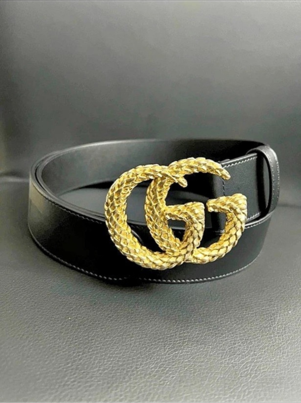 Gucci Black Leather Textured Double G Buckle Belt size 95